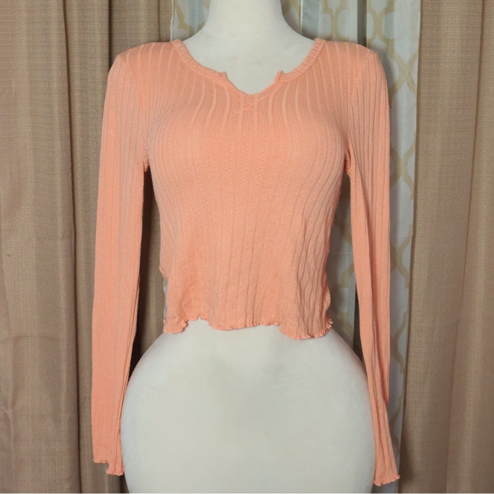 Belle Du Jour Peach Ribbed Long-Sleeve Crop Top